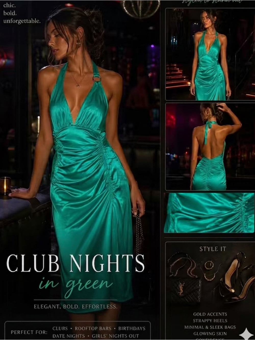 Elegant Emerald Green O-Ring Halter Midi Dress | Size M | 🌚💚 💫  Slinky Clubwear